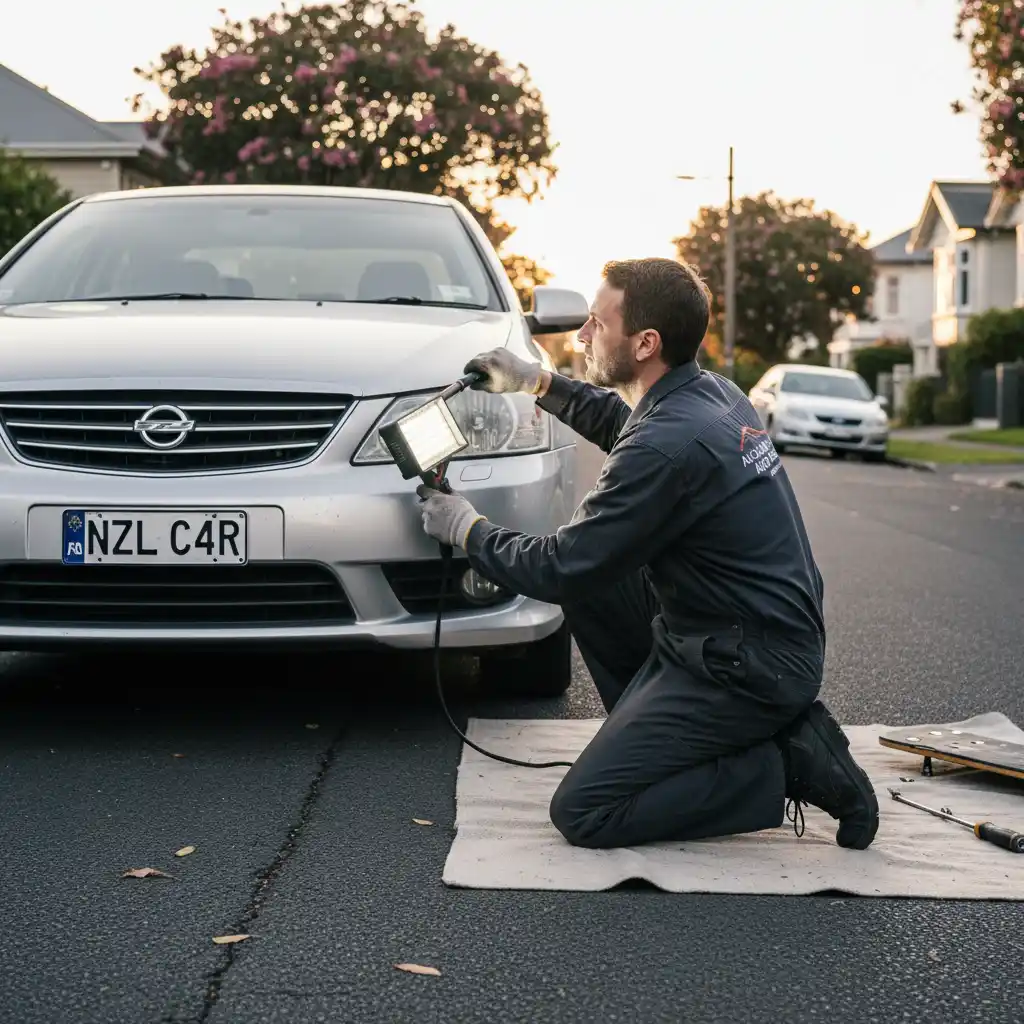 Auckland mobile mechanic inspecting car's undercarriage for rattles