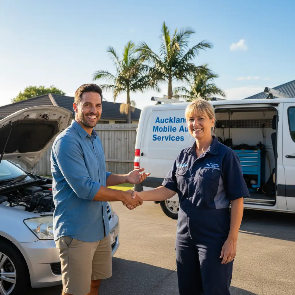 Happy car owner with Auckland mobile mechanic