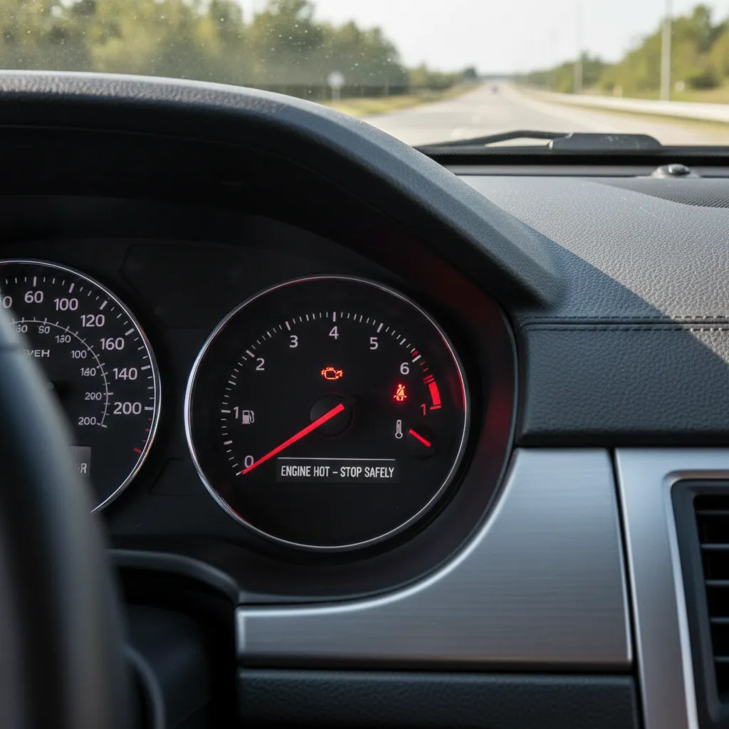 Car dashboard with temperature gauge in red