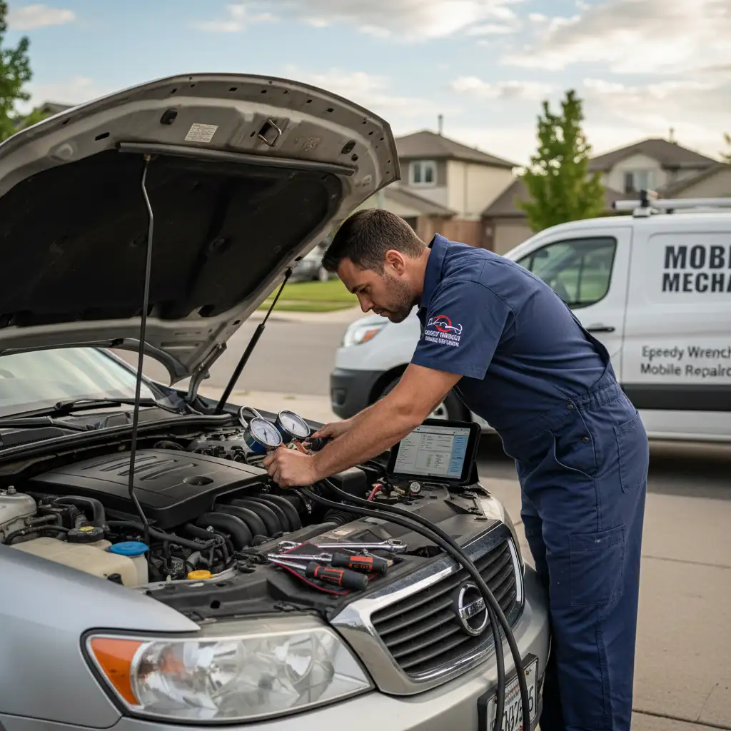 Mobile mechanic diagnosing car engine