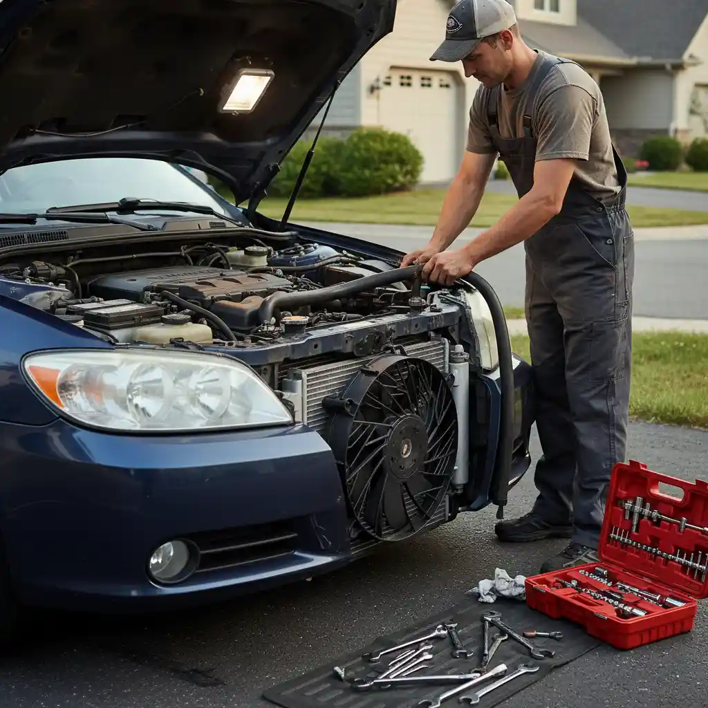 Mobile mechanic replacing radiator hose
