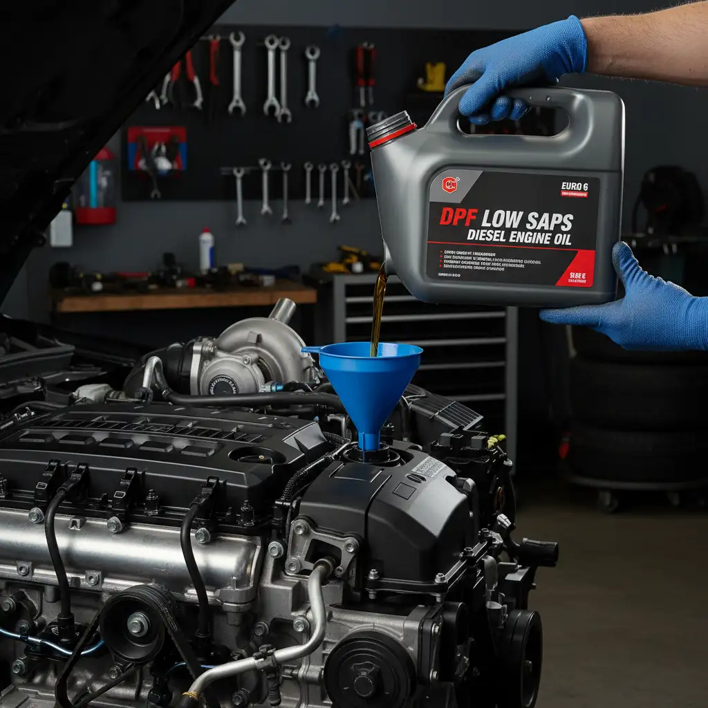 Mechanic pouring DPF-specific low SAPS engine oil