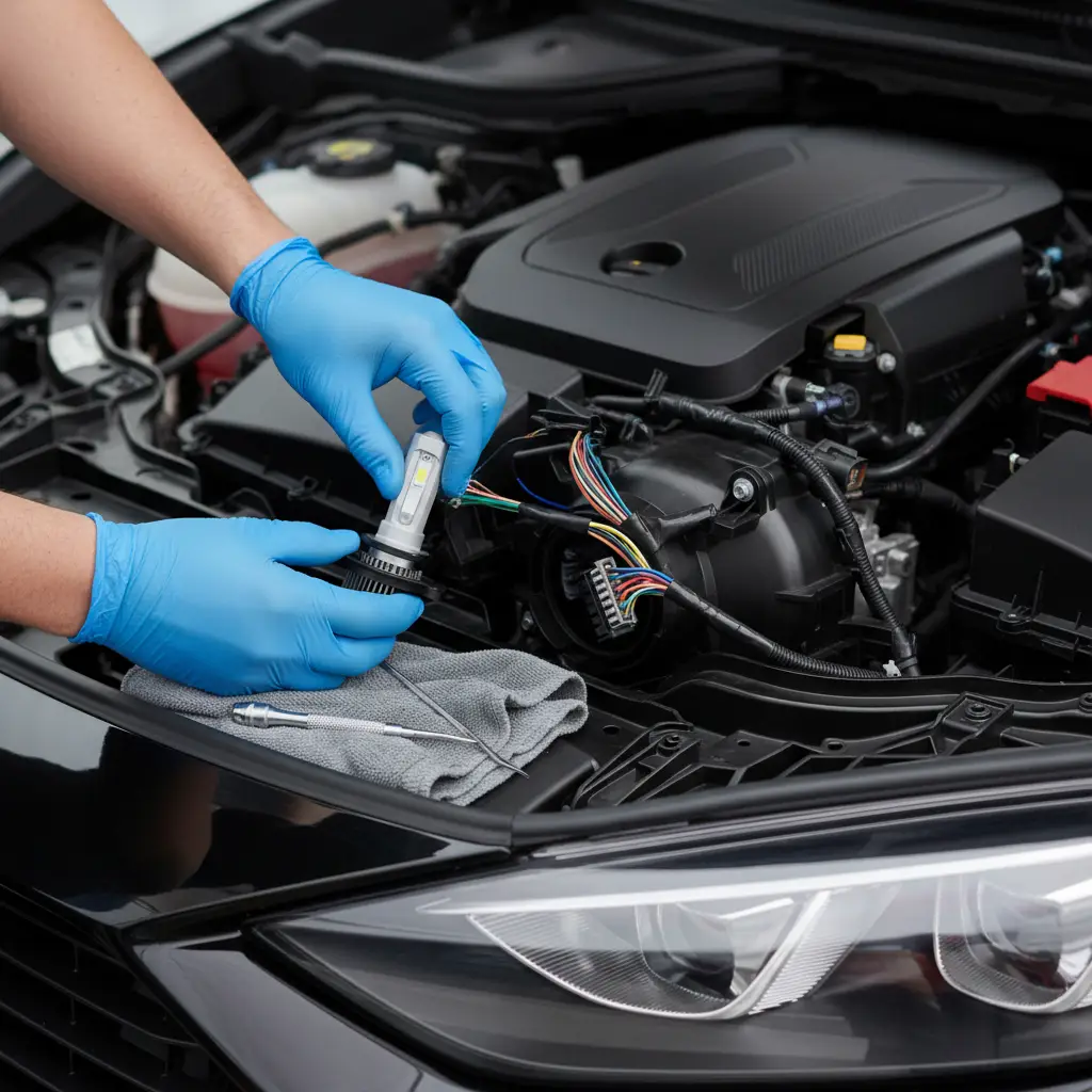 Professional mechanic installing a headlight bulb