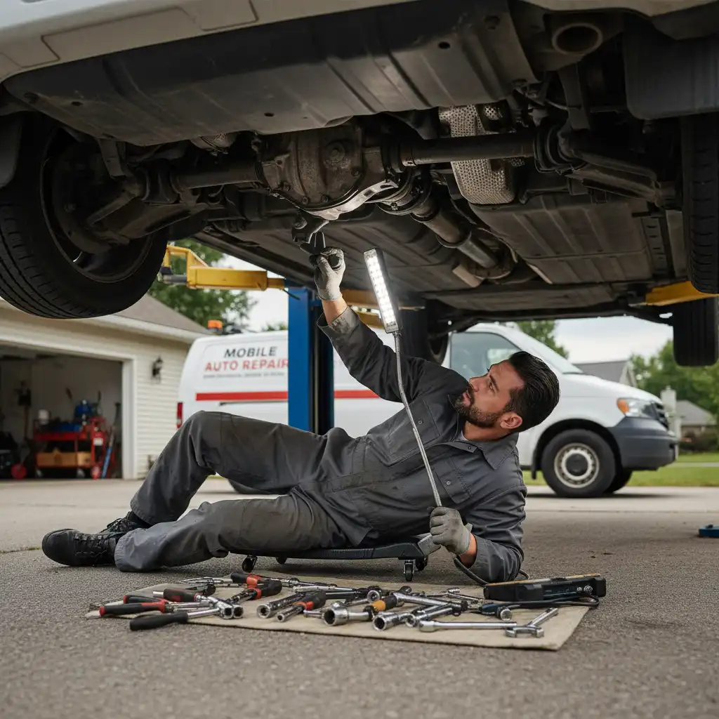 Mobile mechanic inspecting driveshaft components under a vehicle