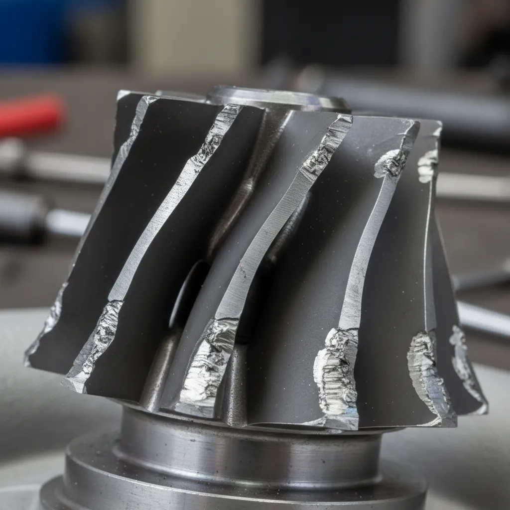 Damaged turbocharger turbine wheel showing wear and impact