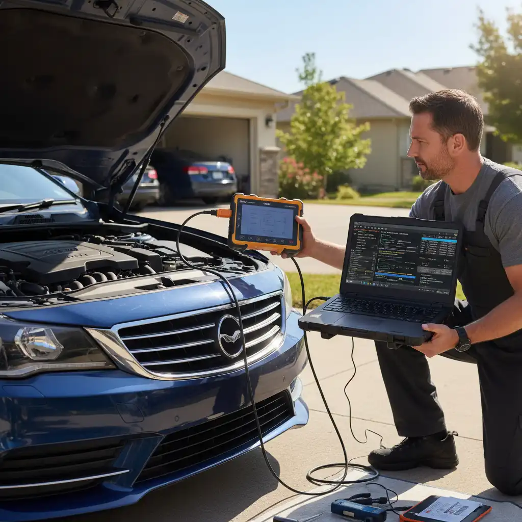 Mobile mechanic diagnosing turbo issues with OBD-II scanner