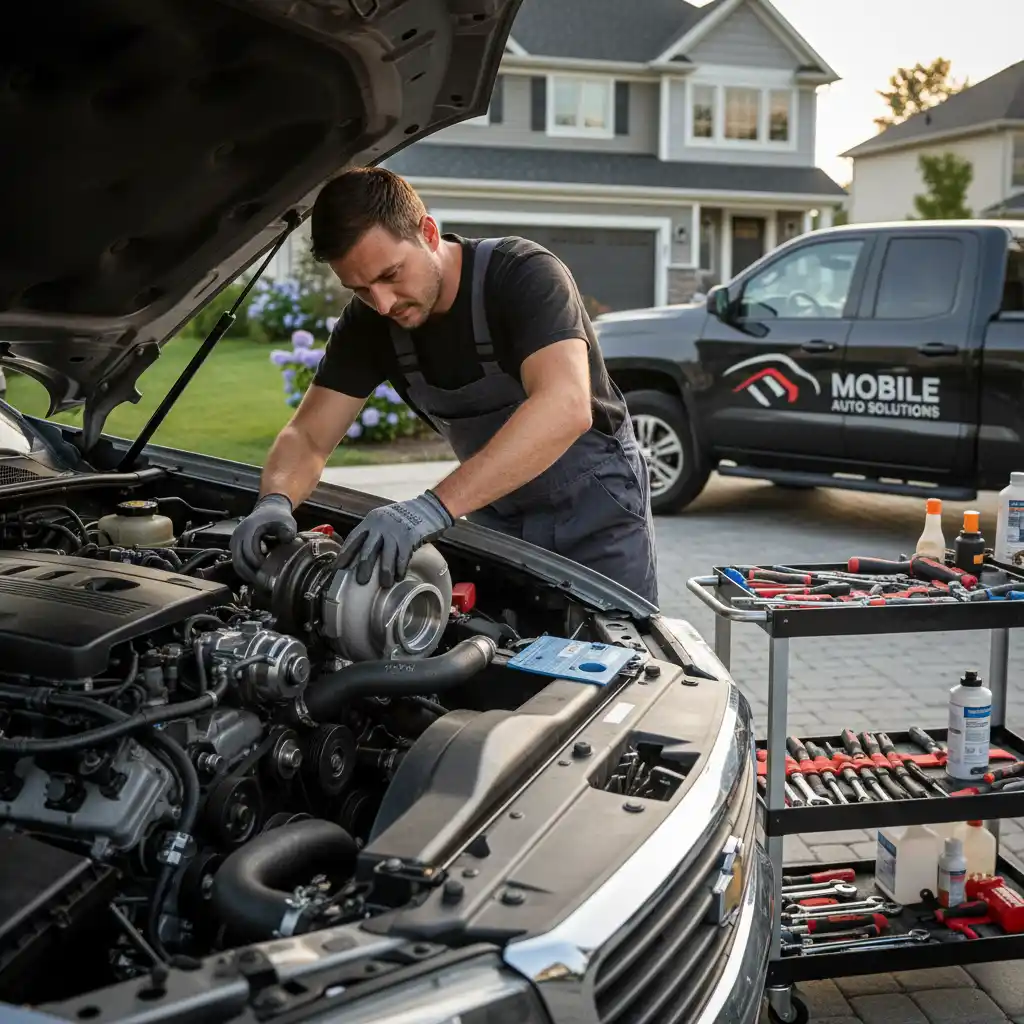 Mobile mechanic installing new turbocharger