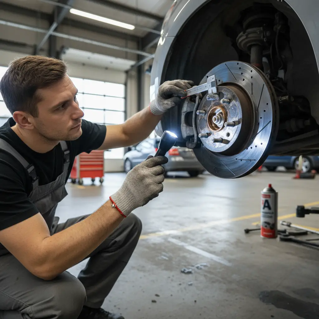 Mechanic inspecting car brakes during a full service in Auckland
