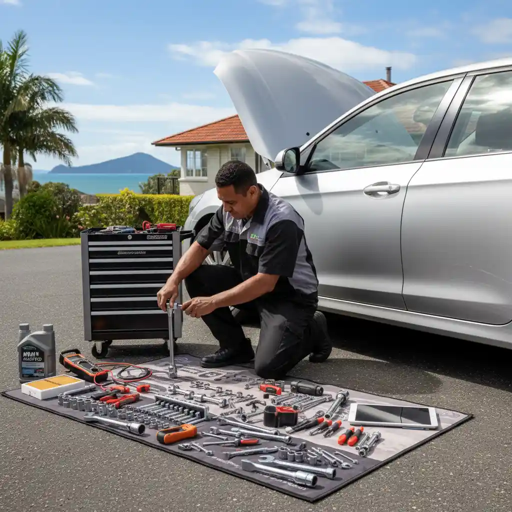 A mobile mechanic servicing a car in a driveway in Auckland