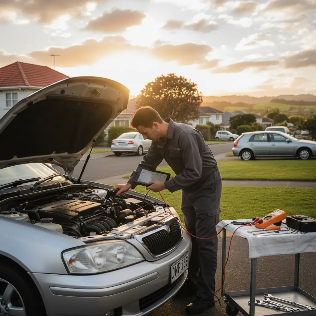Mobile mechanic inspecting car engine in Auckland