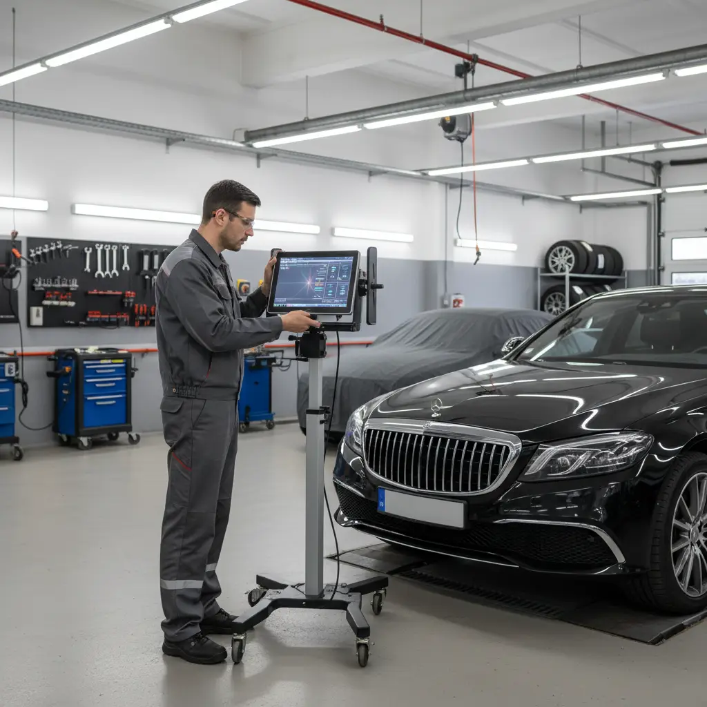 Technician aligning headlights with beam setter