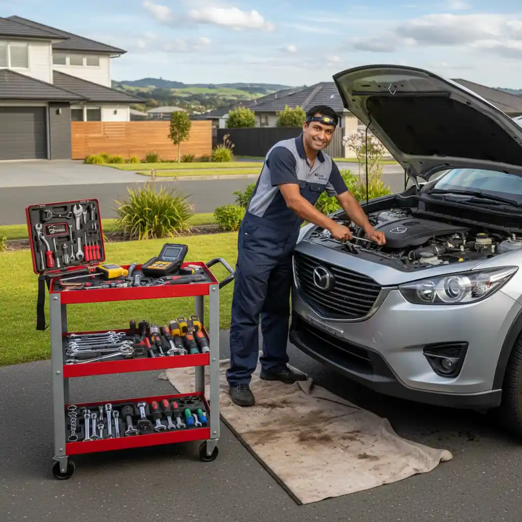 Mobile mechanic servicing engine in driveway