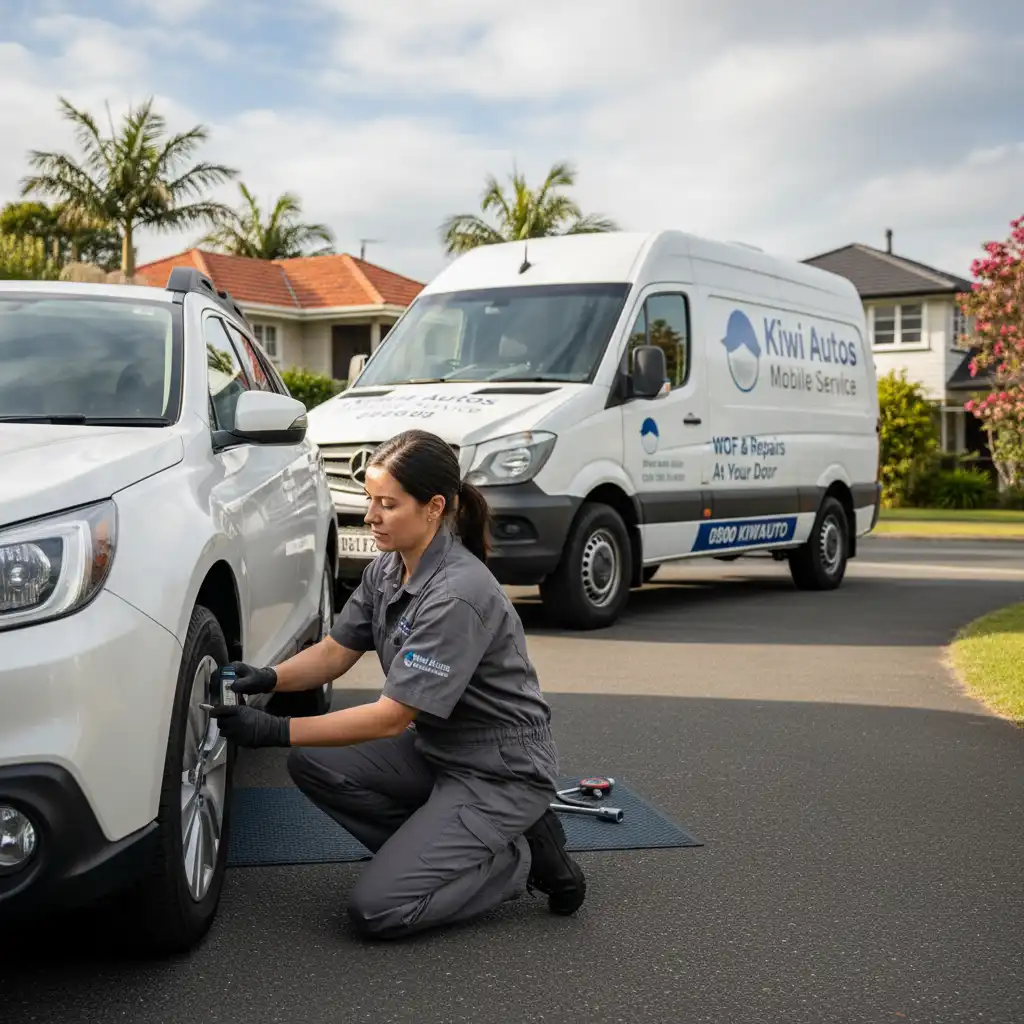 Mechanic checking car tyres during a mobile WOF pre-check in Auckland