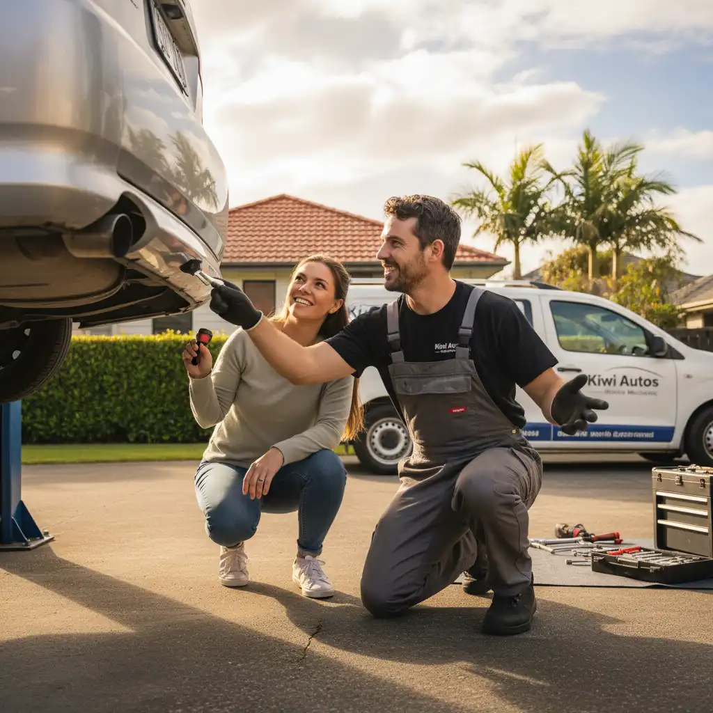 Mobile mechanic showing car owner an issue during pre-WOF inspection