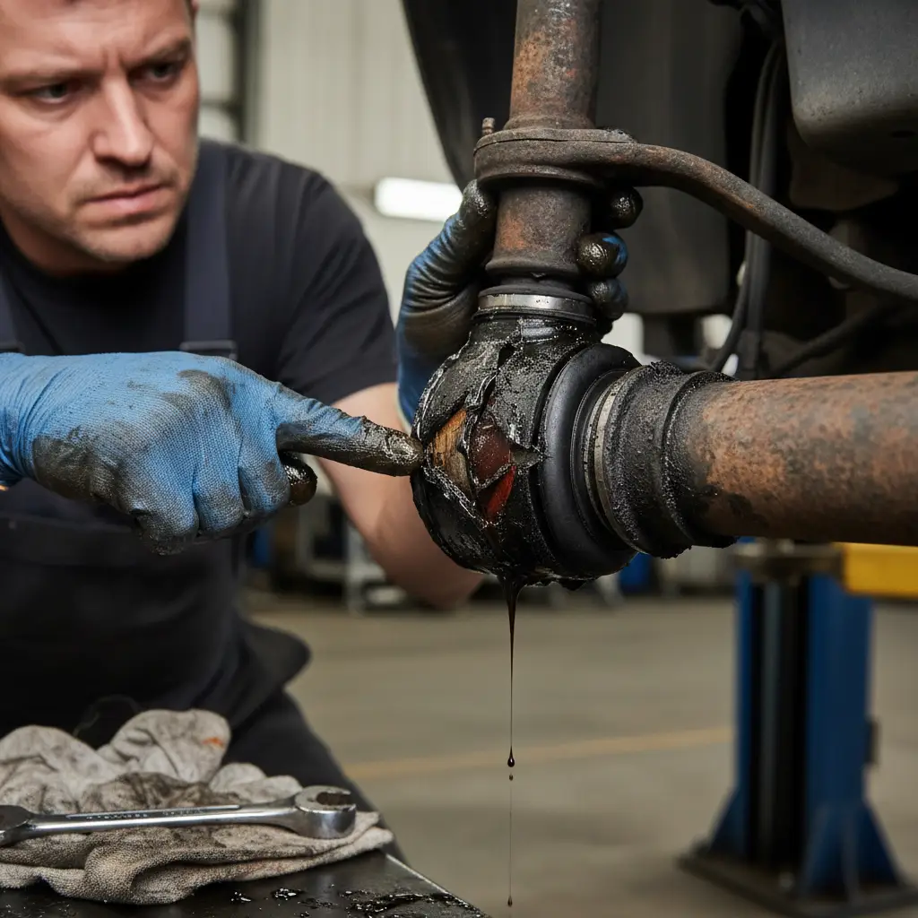 Mechanic examining a damaged CV joint