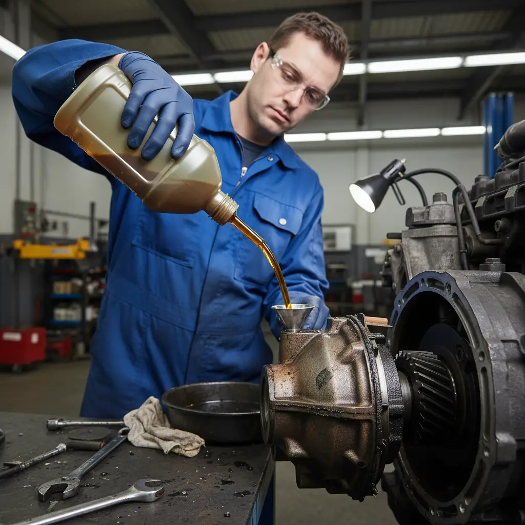 Mechanic performing differential fluid change