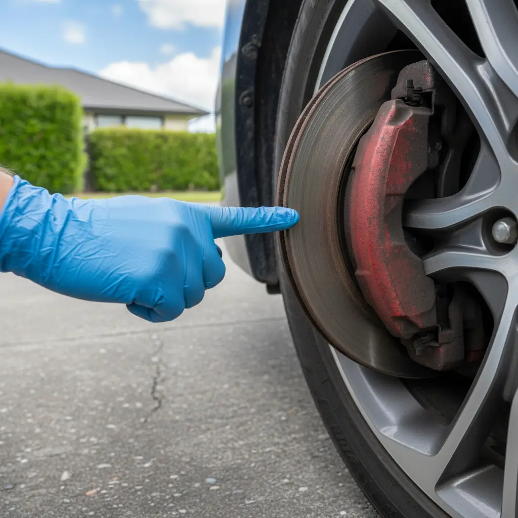 Mobile mechanic diagnosing a squealing brake rotor and caliper in Auckland
