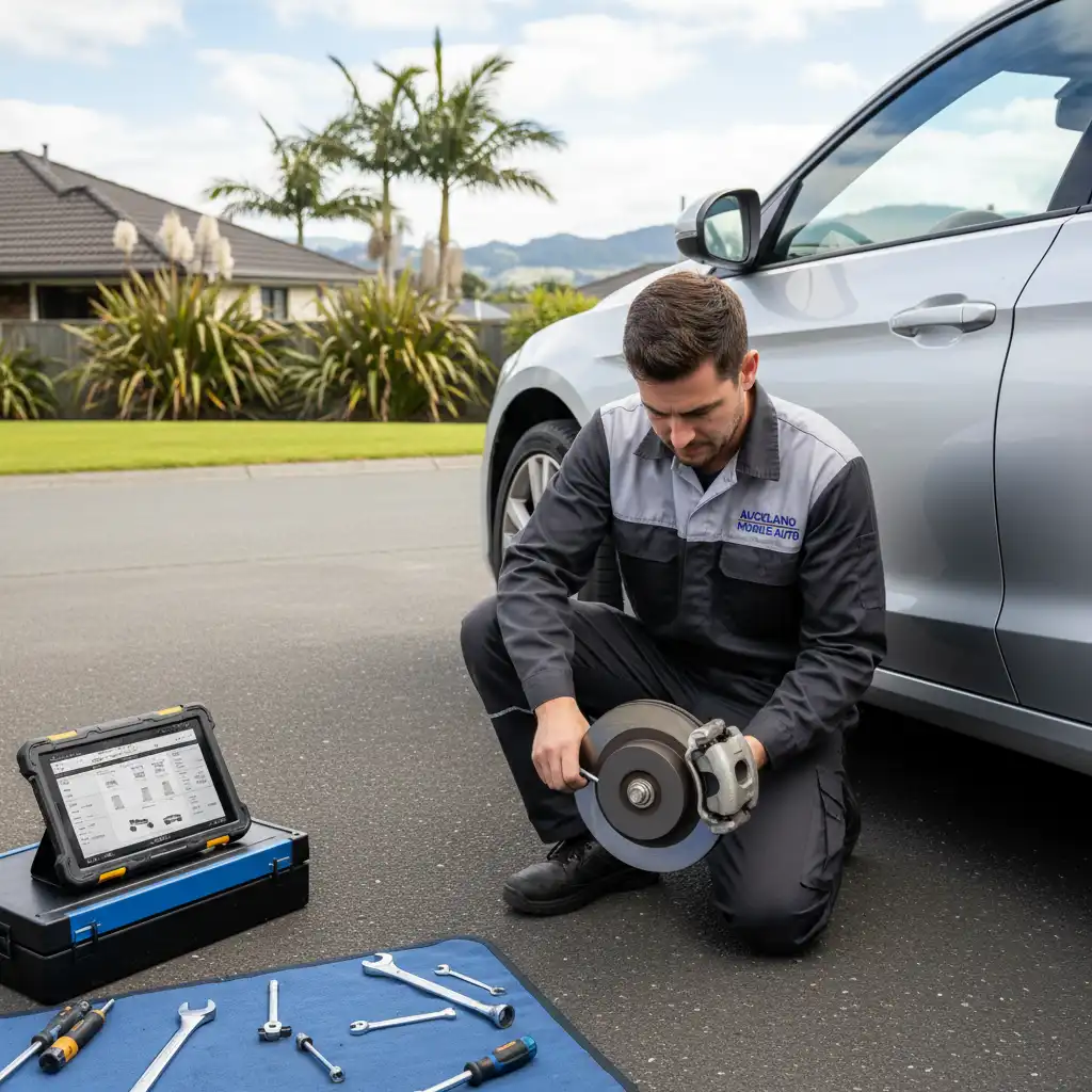 Auckland mobile mechanic conducting an on-site brake diagnosis