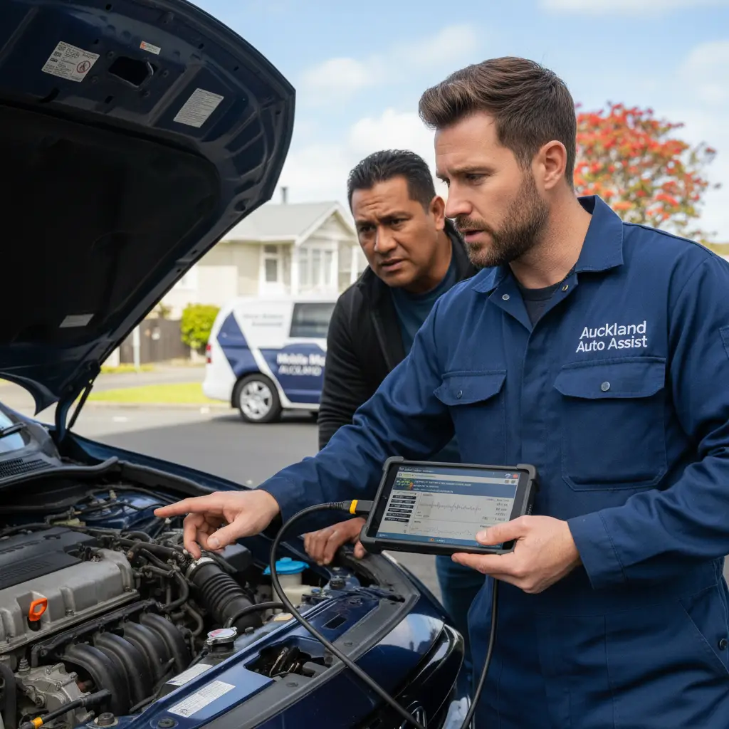 Mobile mechanic performing diagnostic scan