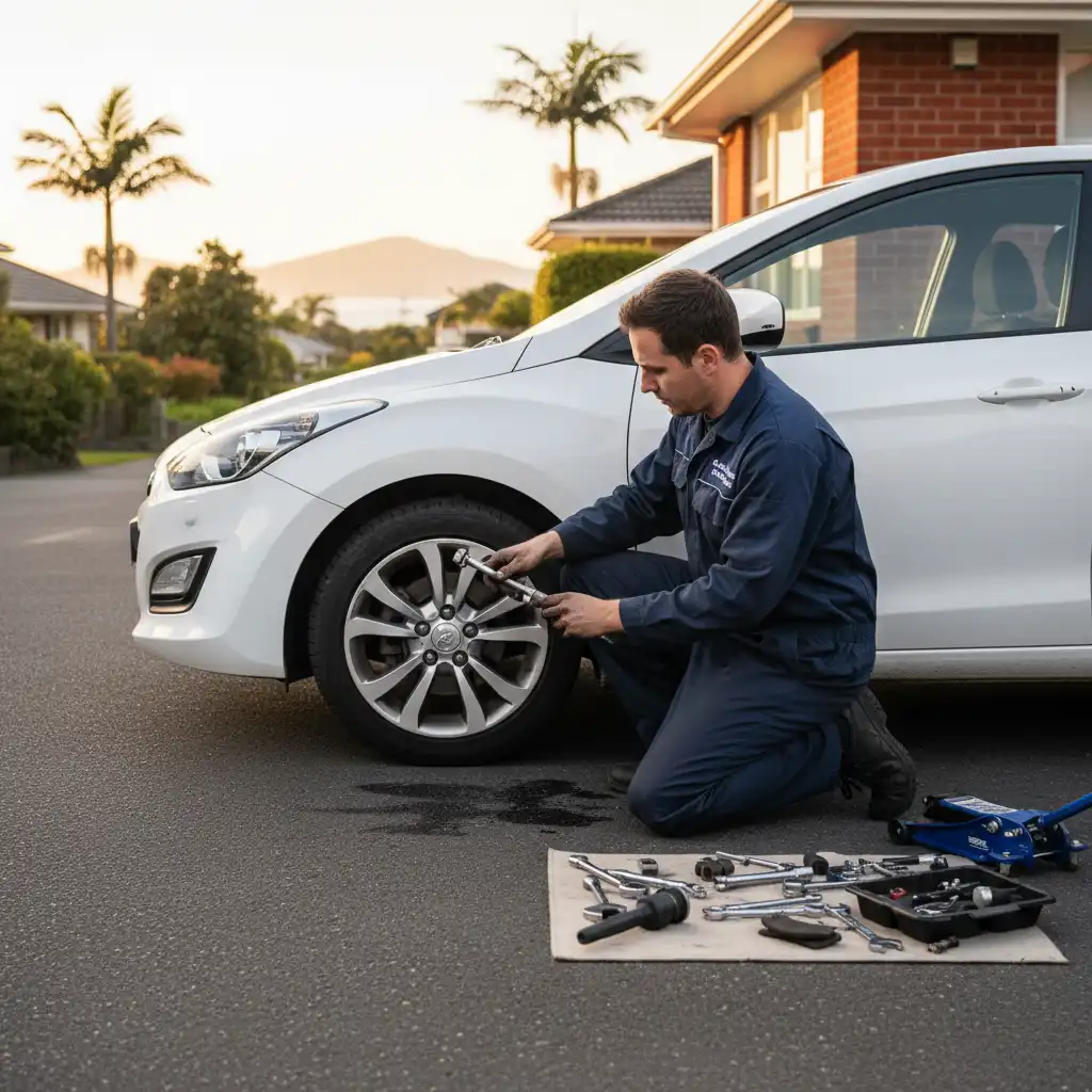 Mobile mechanic servicing Hyundai i30 brakes in Auckland
