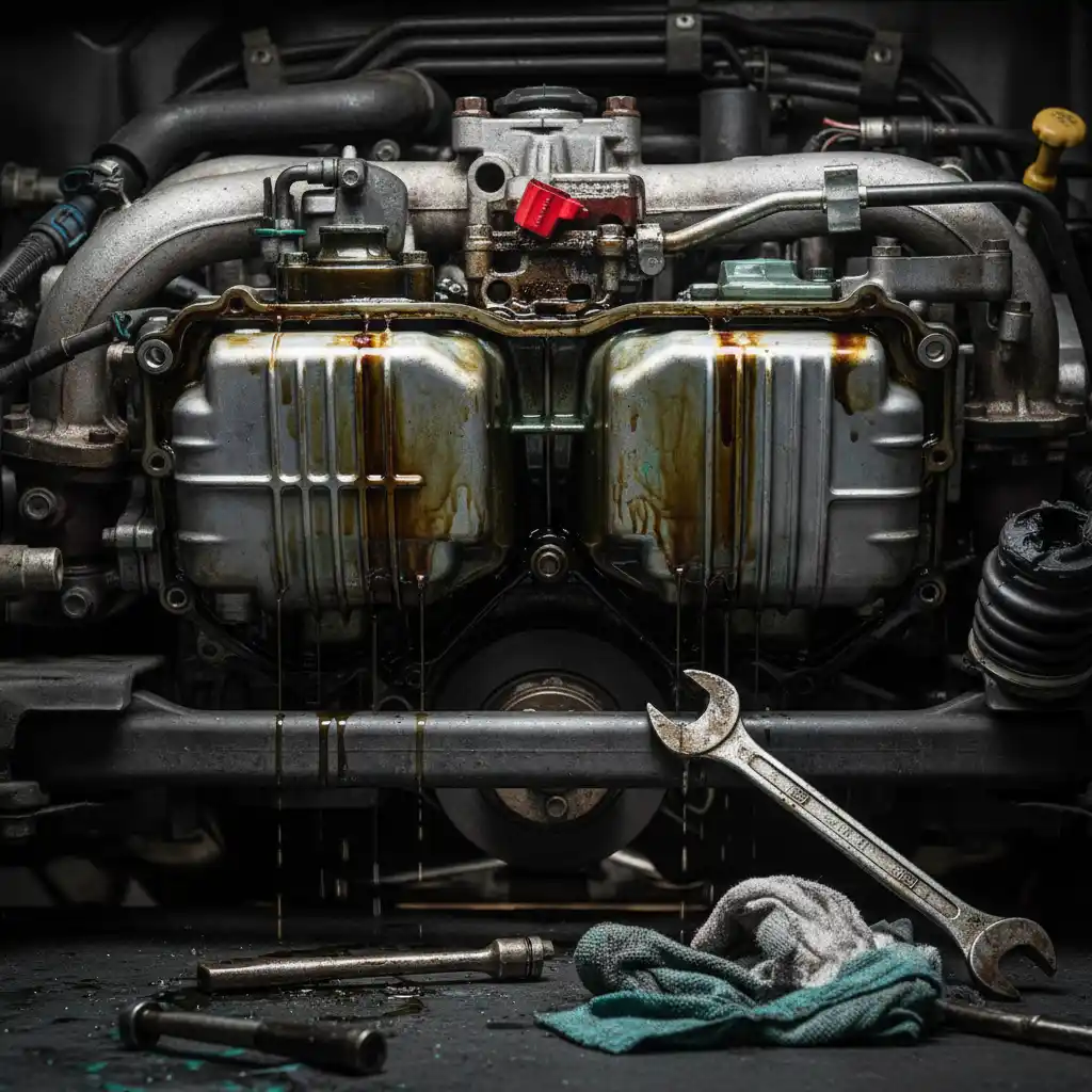 Subaru Forester engine showing external head gasket leak