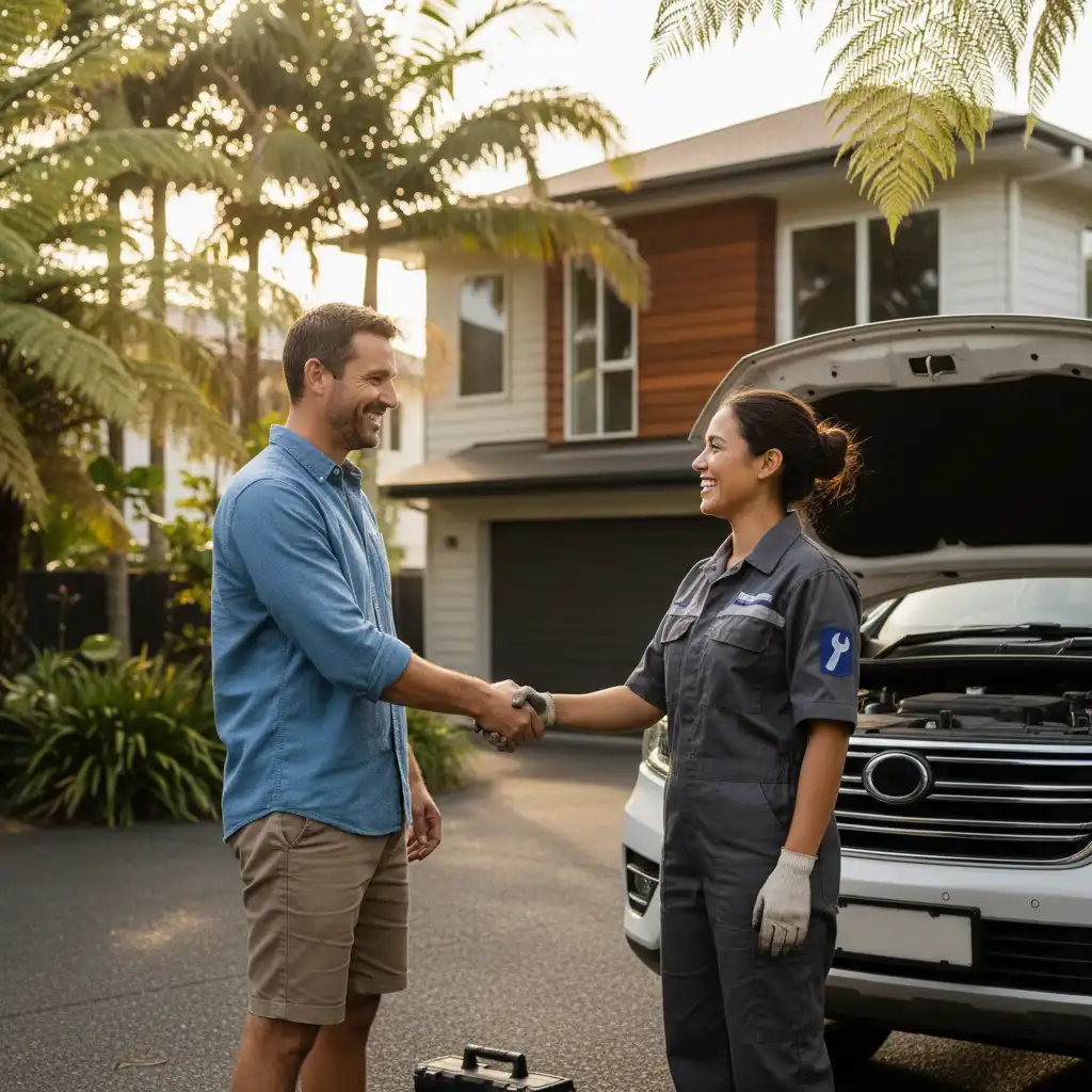 Satisfied customer greeting mobile mechanic in Auckland