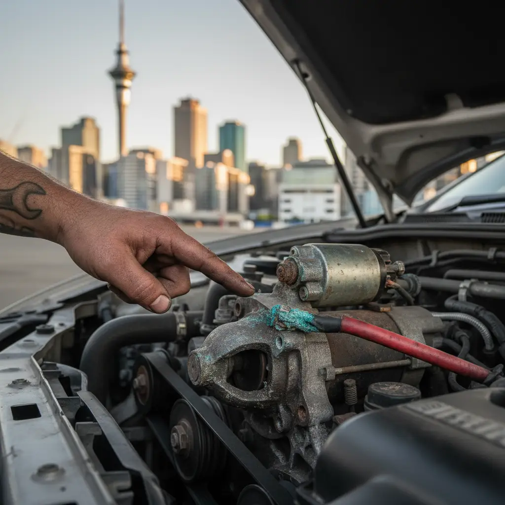 Mechanic pointing out a faulty starter motor in a car engine in Auckland