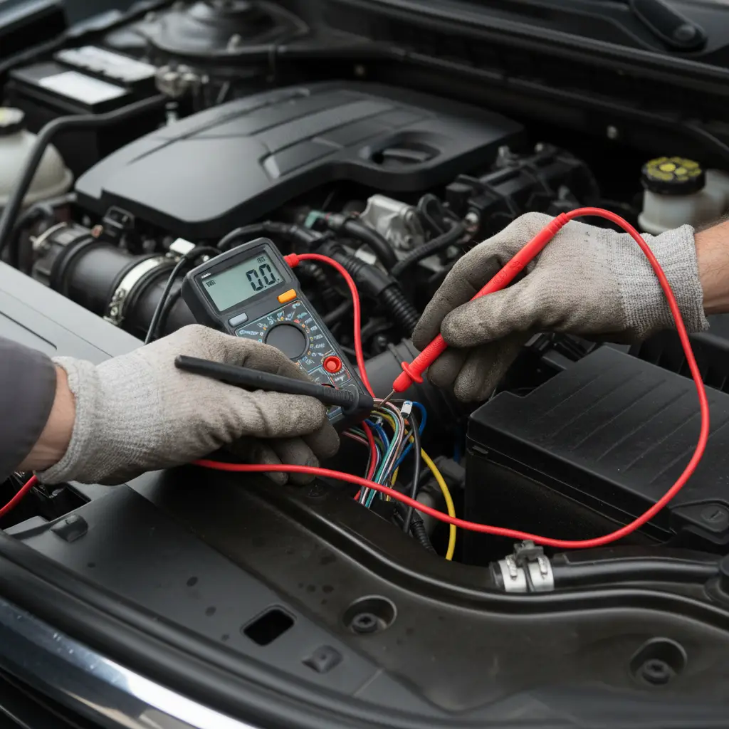 Mechanic using multimeter for car electrical diagnosis