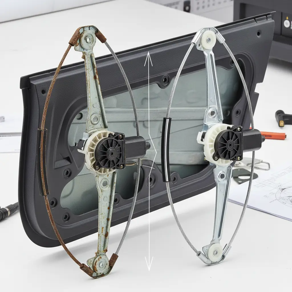 Exploded view of a car door showing window regulator components