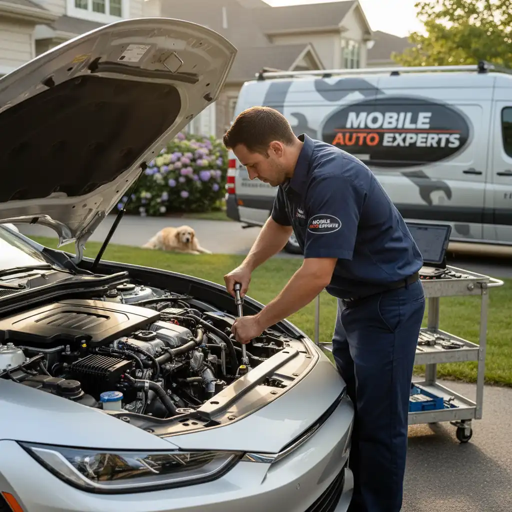 Mobile mechanic performing an oil change in a residential driveway