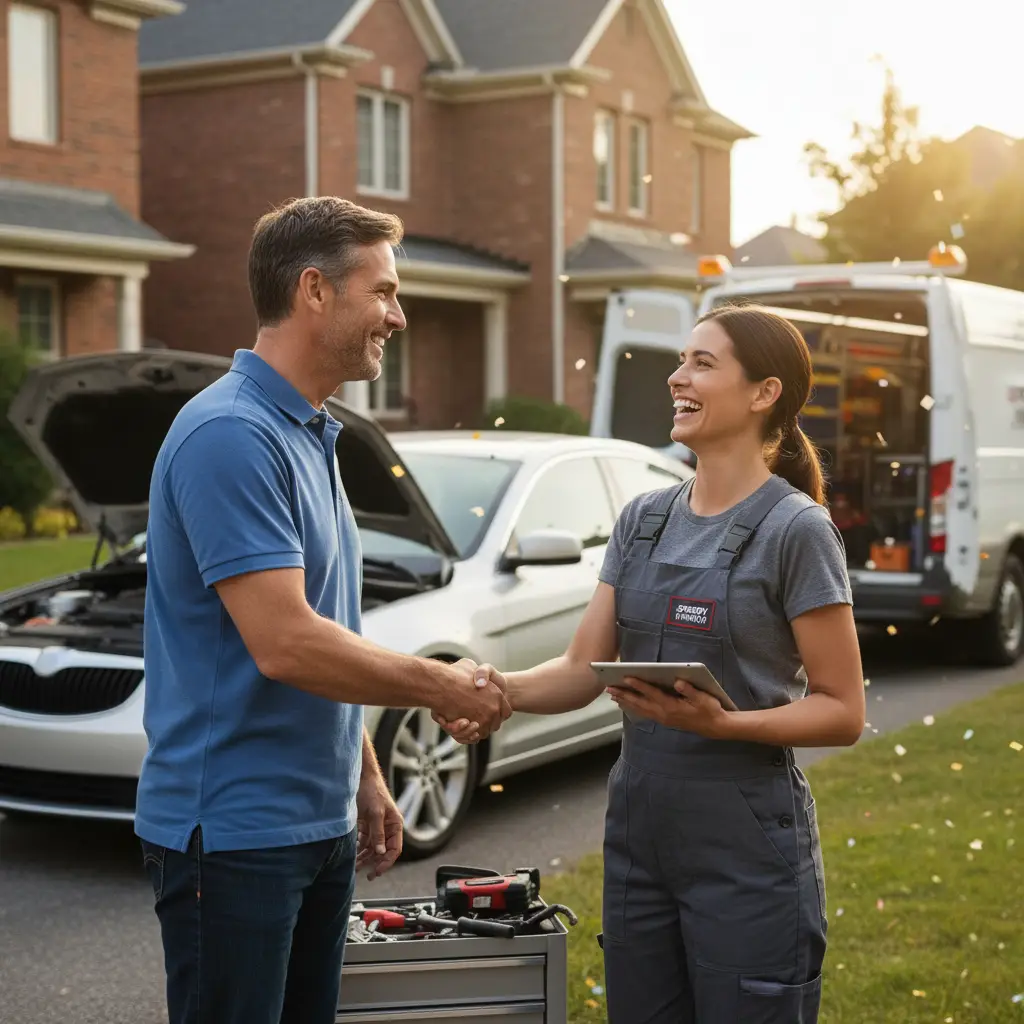 Satisfied customer after mobile vehicle-specific repair