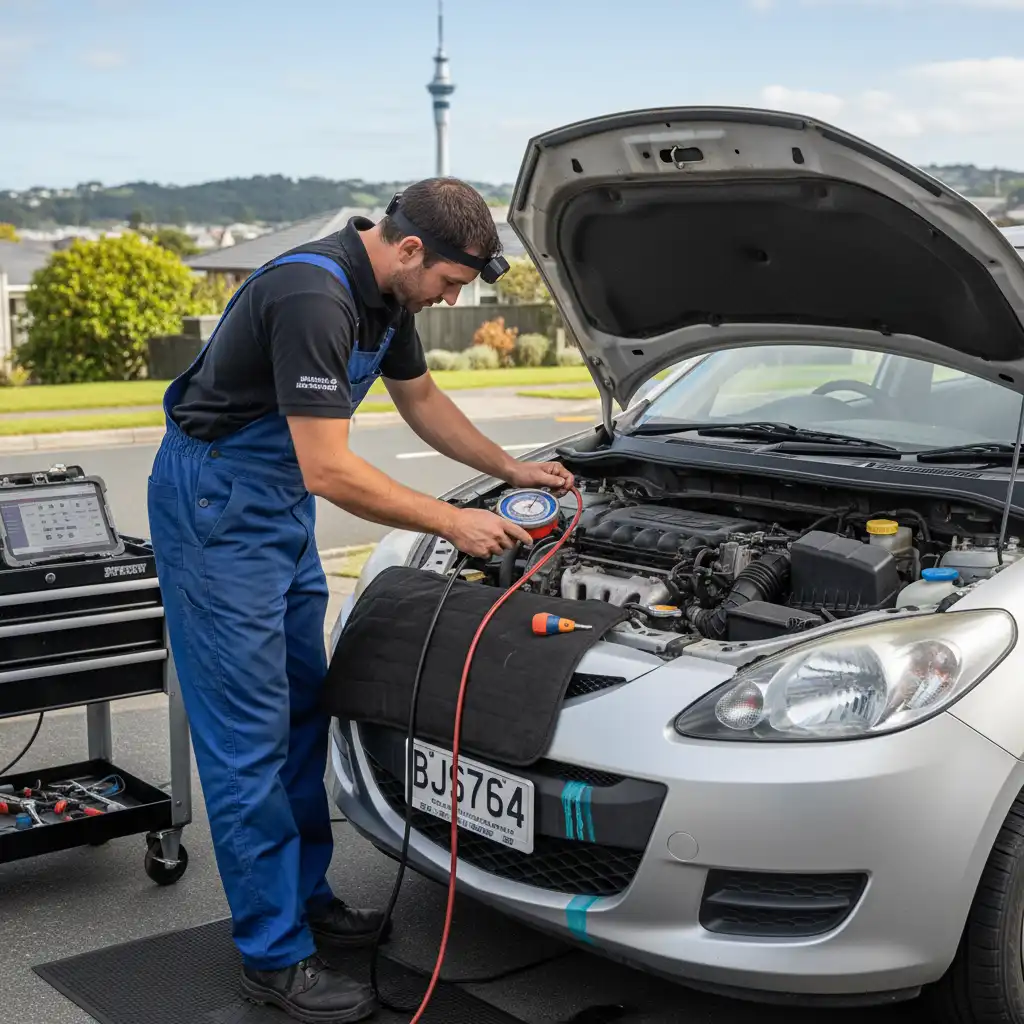 Mobile mechanic inspecting Mazda Demio engine cooling system