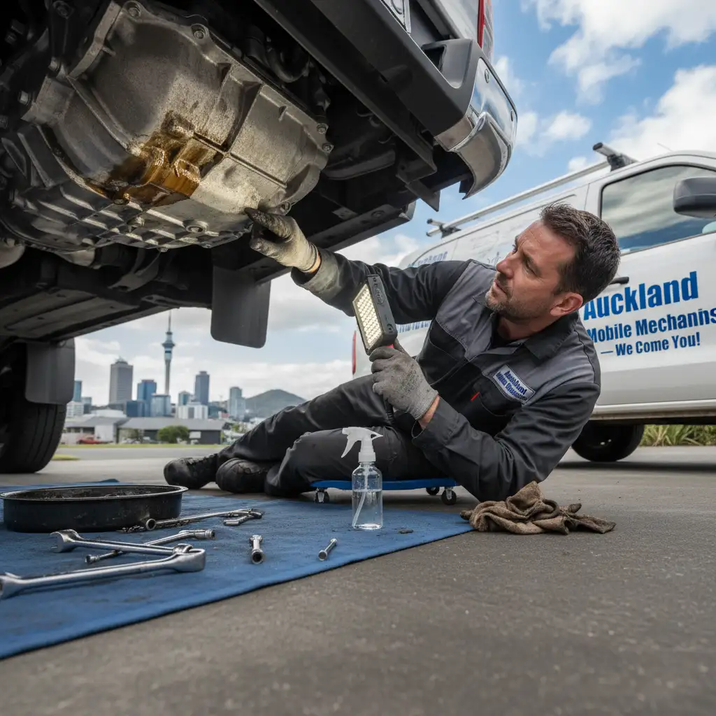 Mobile mechanic inspecting a Ford Ranger transmission in Auckland