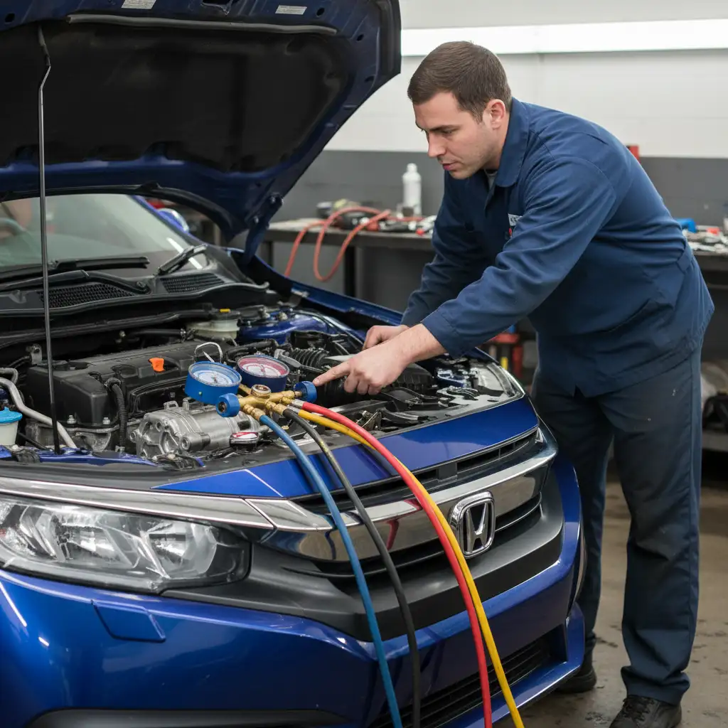 Mechanic inspecting Honda Civic AC compressor