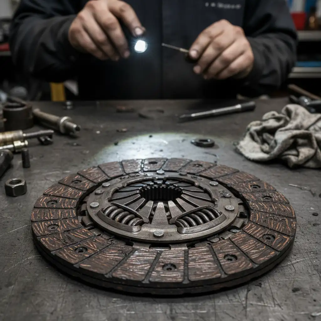 Worn Suzuki Swift clutch disc showing signs of wear and damage