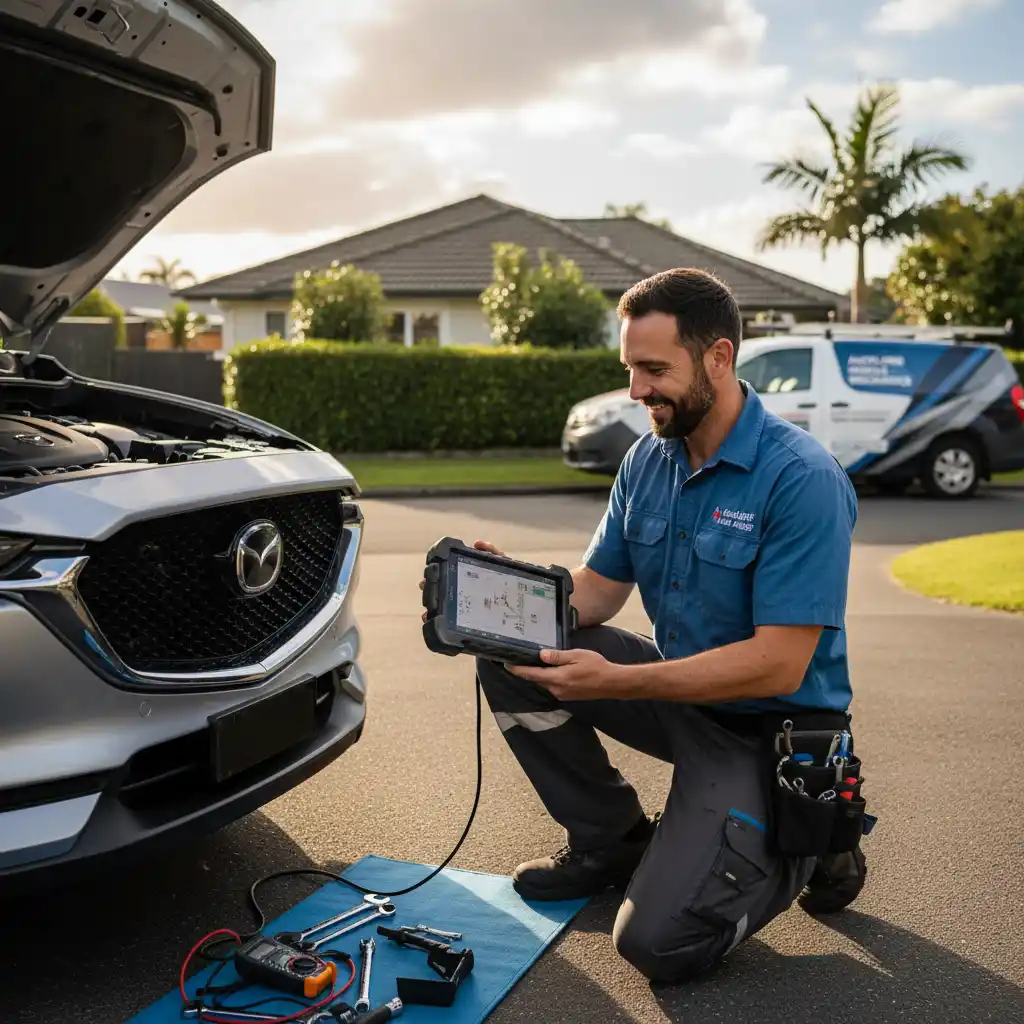 Mobile mechanic performing diagnostic scan in Auckland