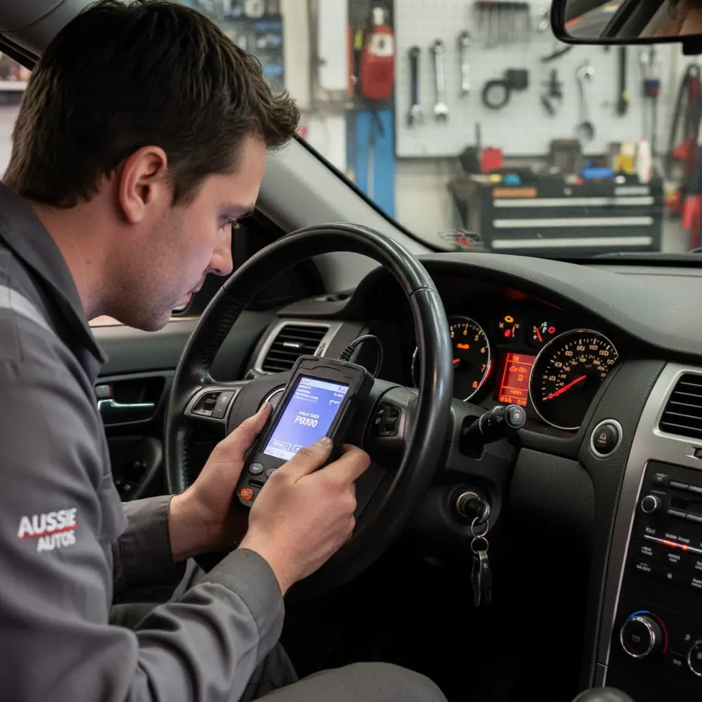 Mechanic scanning Holden Commodore dashboard for electrical faults