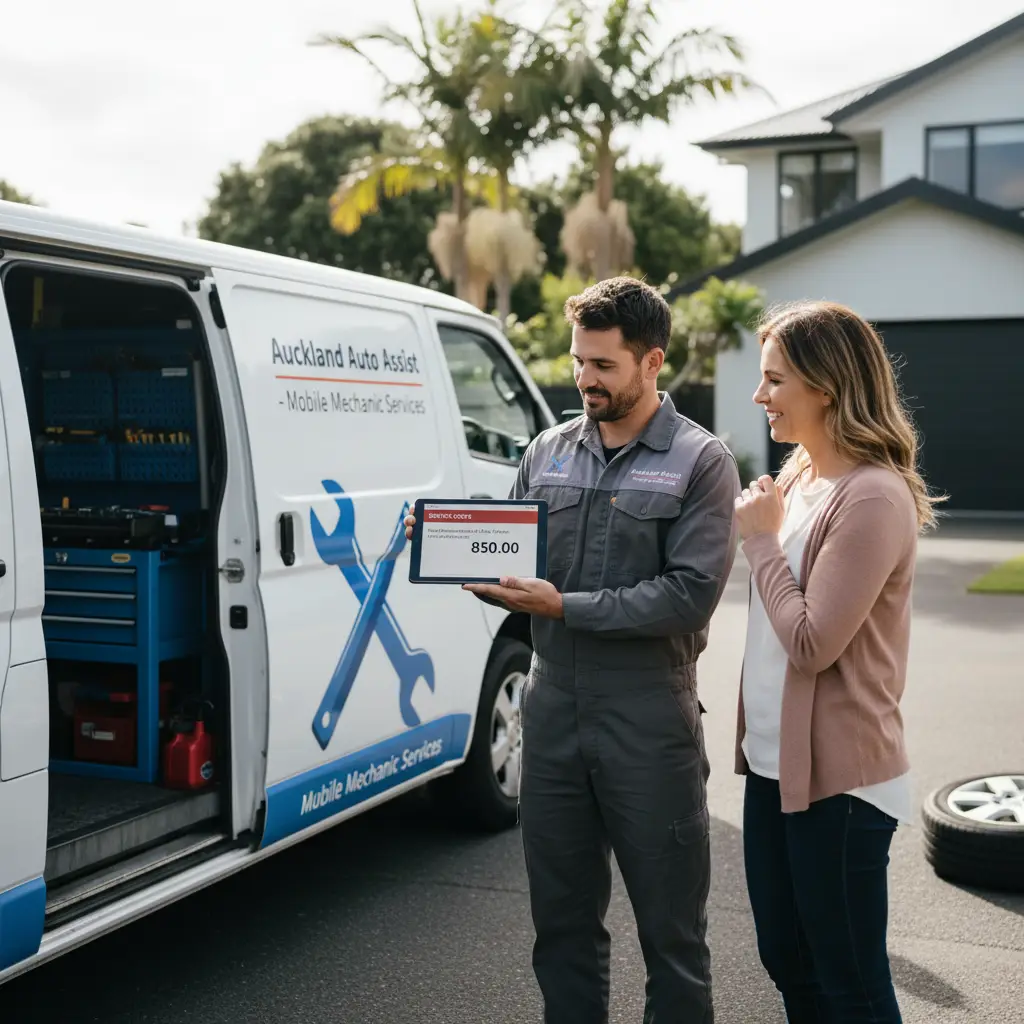 Mobile mechanic showing digital quote to customer