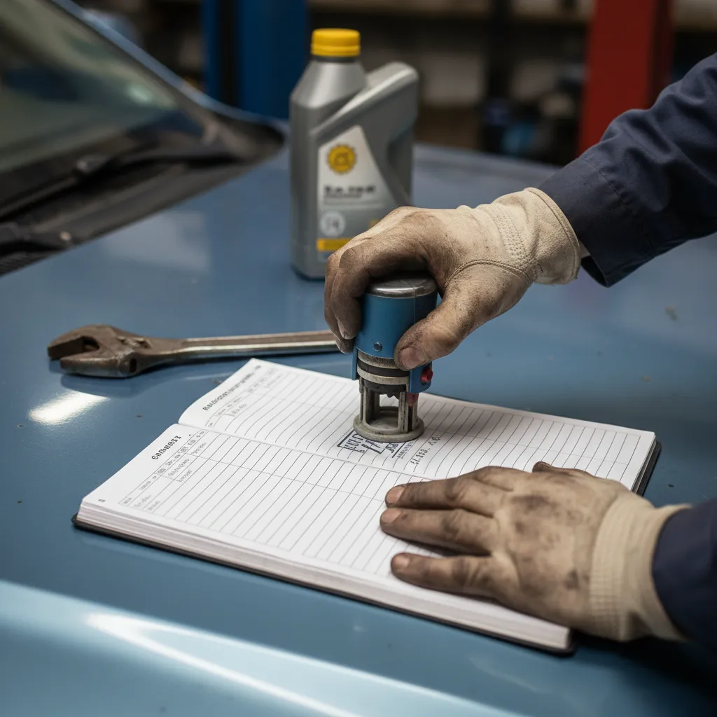 Mechanic stamping a vehicle logbook