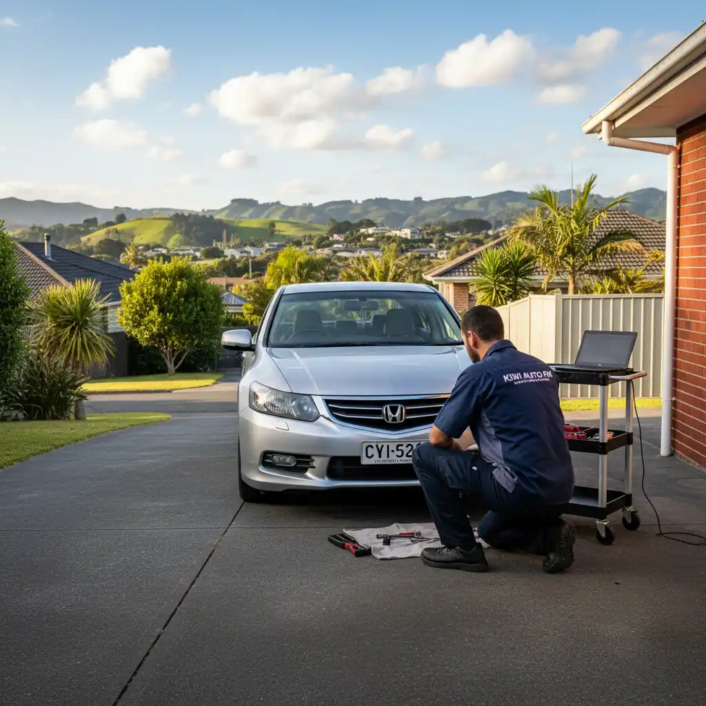 Mobile mechanic performing car repairs in a residential driveway in Auckland
