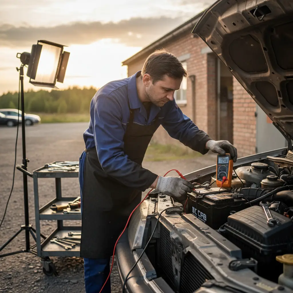 Mechanic testing car battery voltage