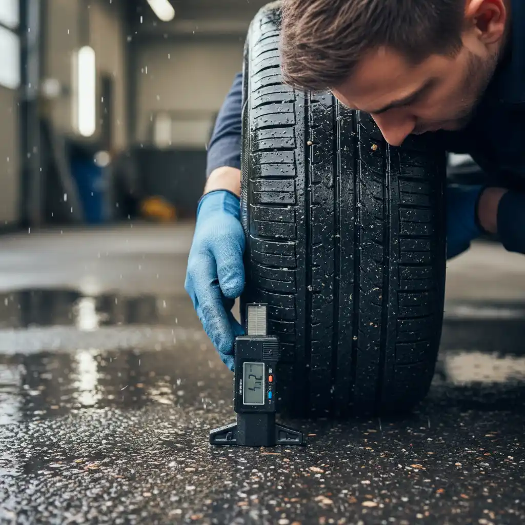 Mechanic checking tire tread depth