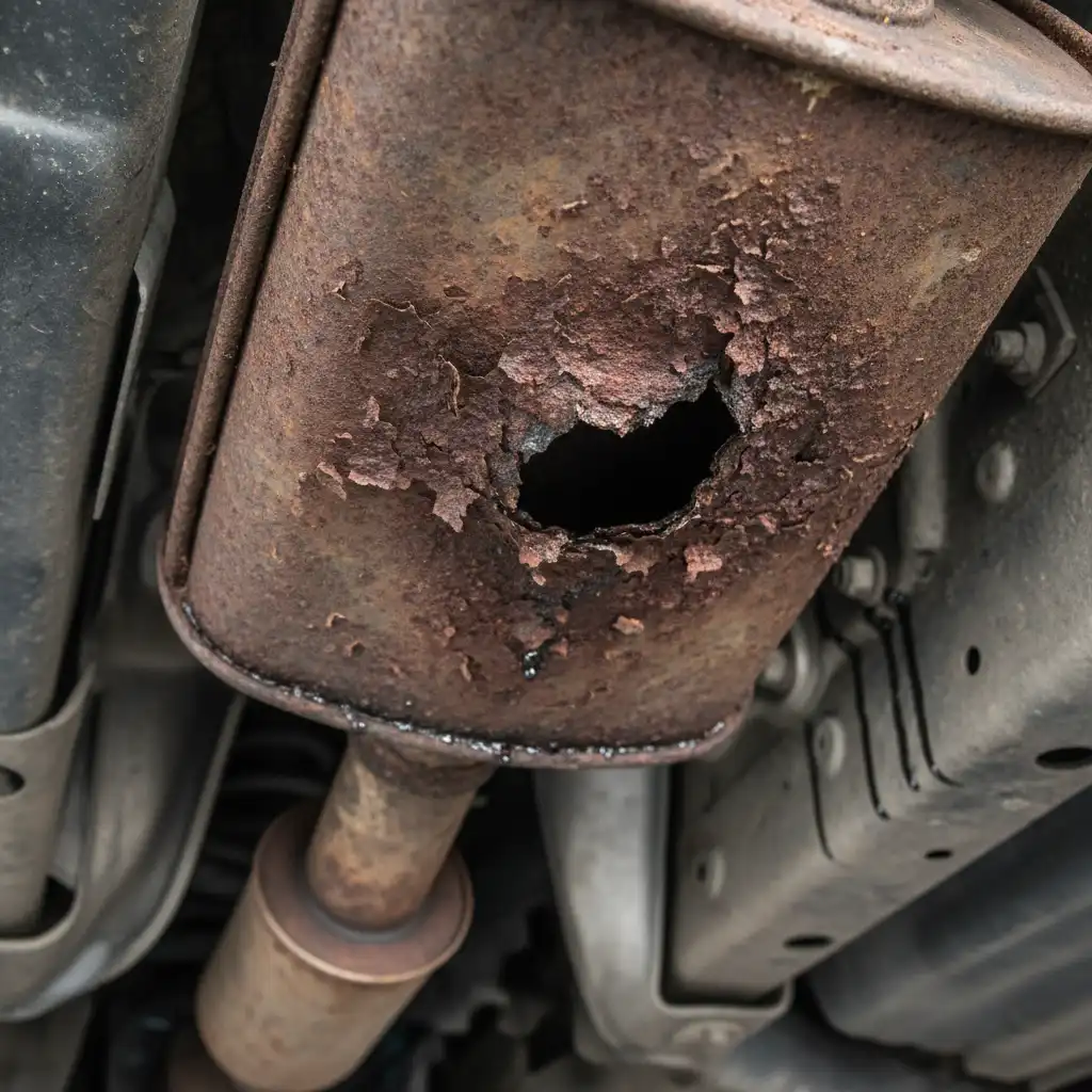 Rusted vehicle muffler requiring repair