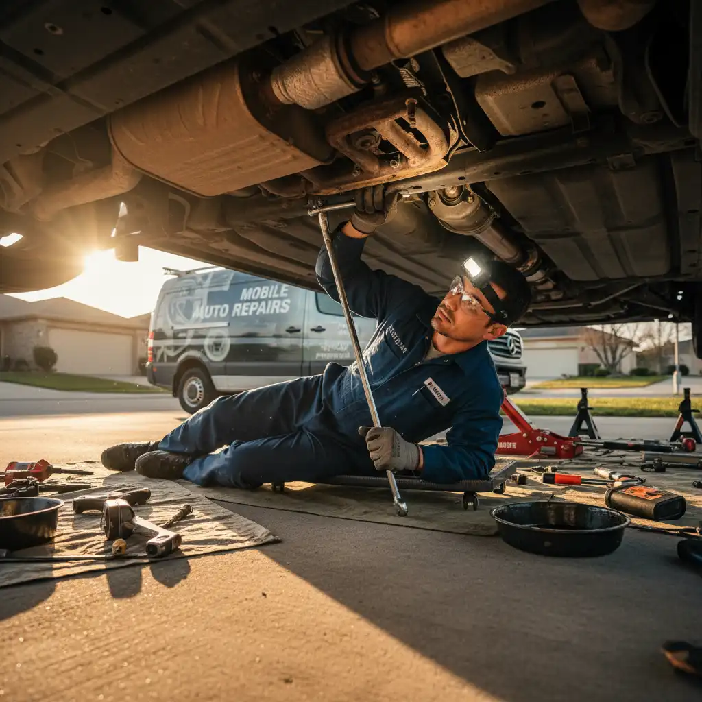 Mobile mechanic performing exhaust repair