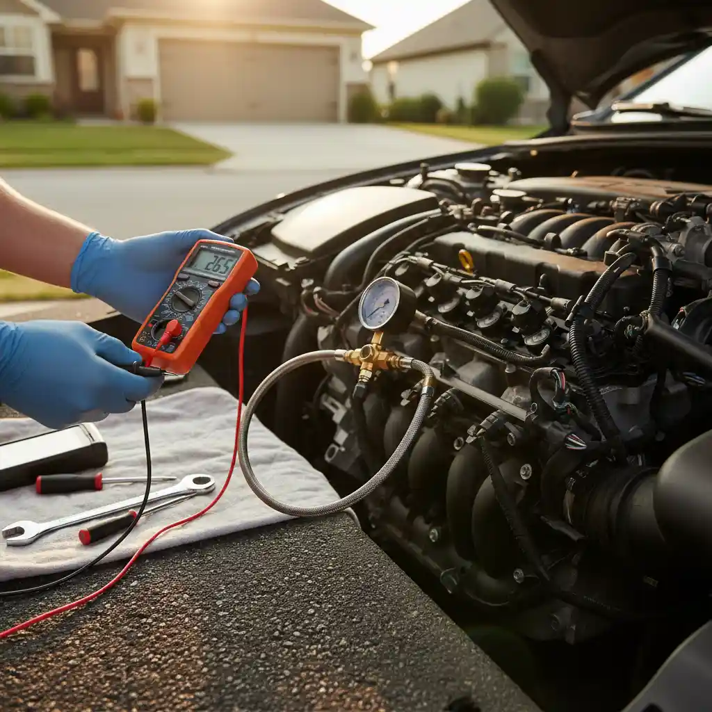 Mobile mechanic performing fuel pressure test
