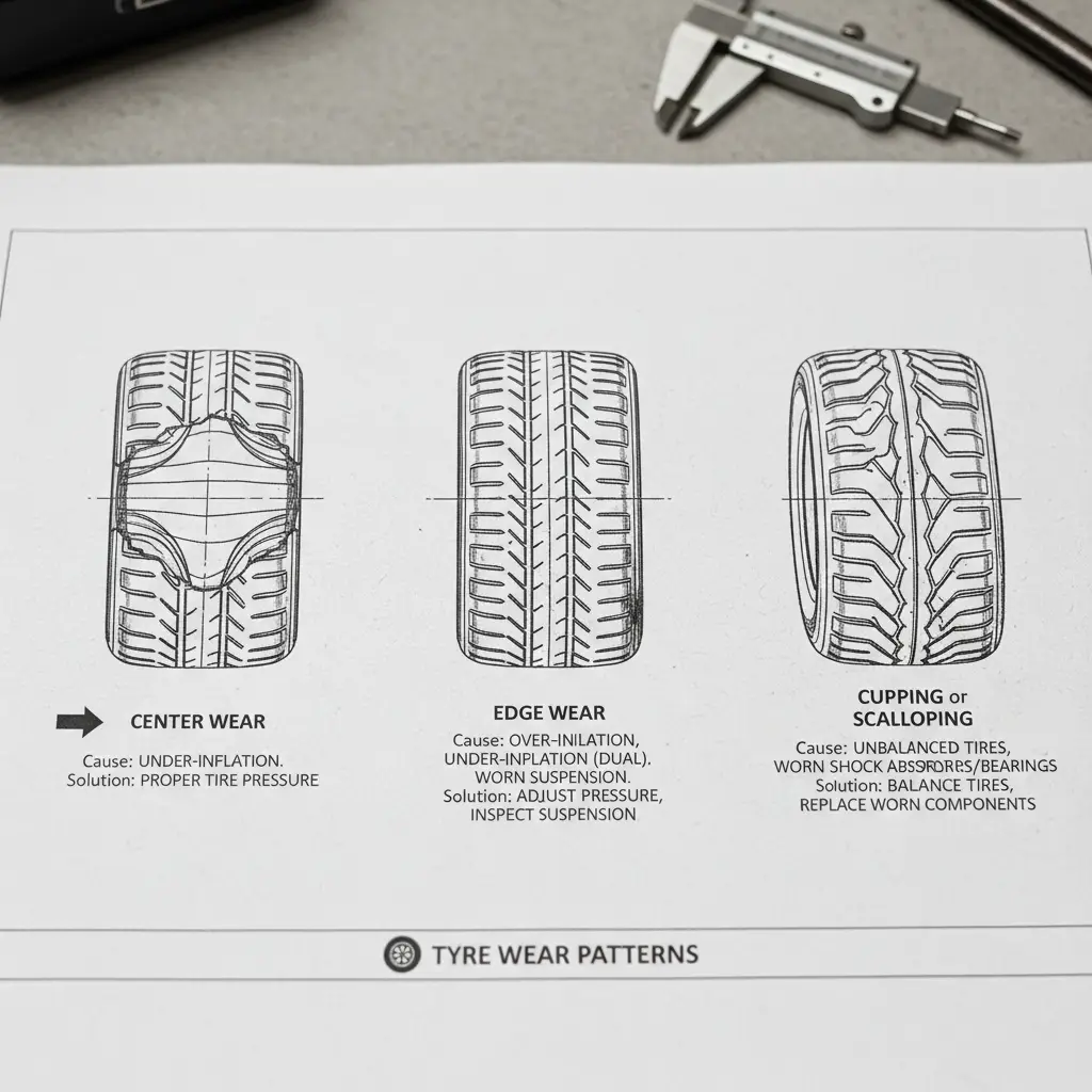 Tyre wear patterns and their causes diagram