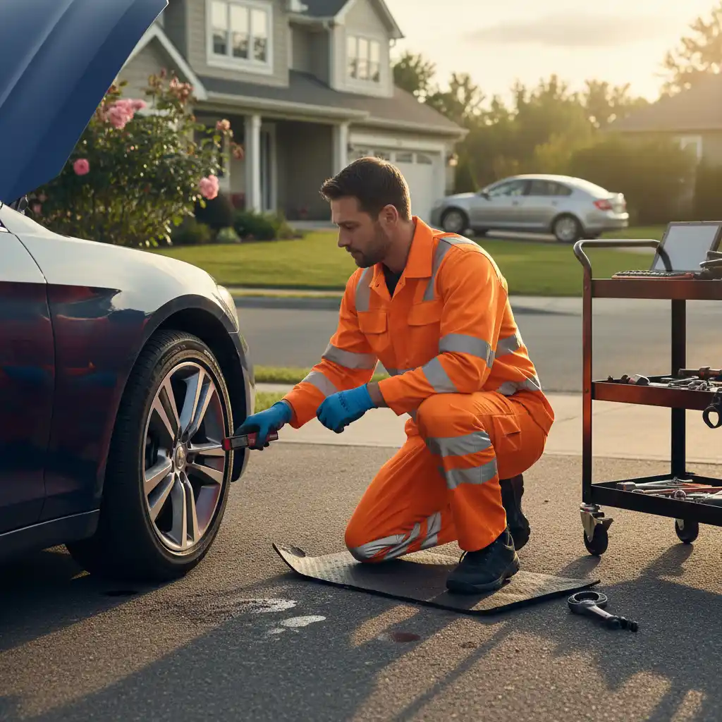 Mobile mechanic inspecting tyre tread depth
