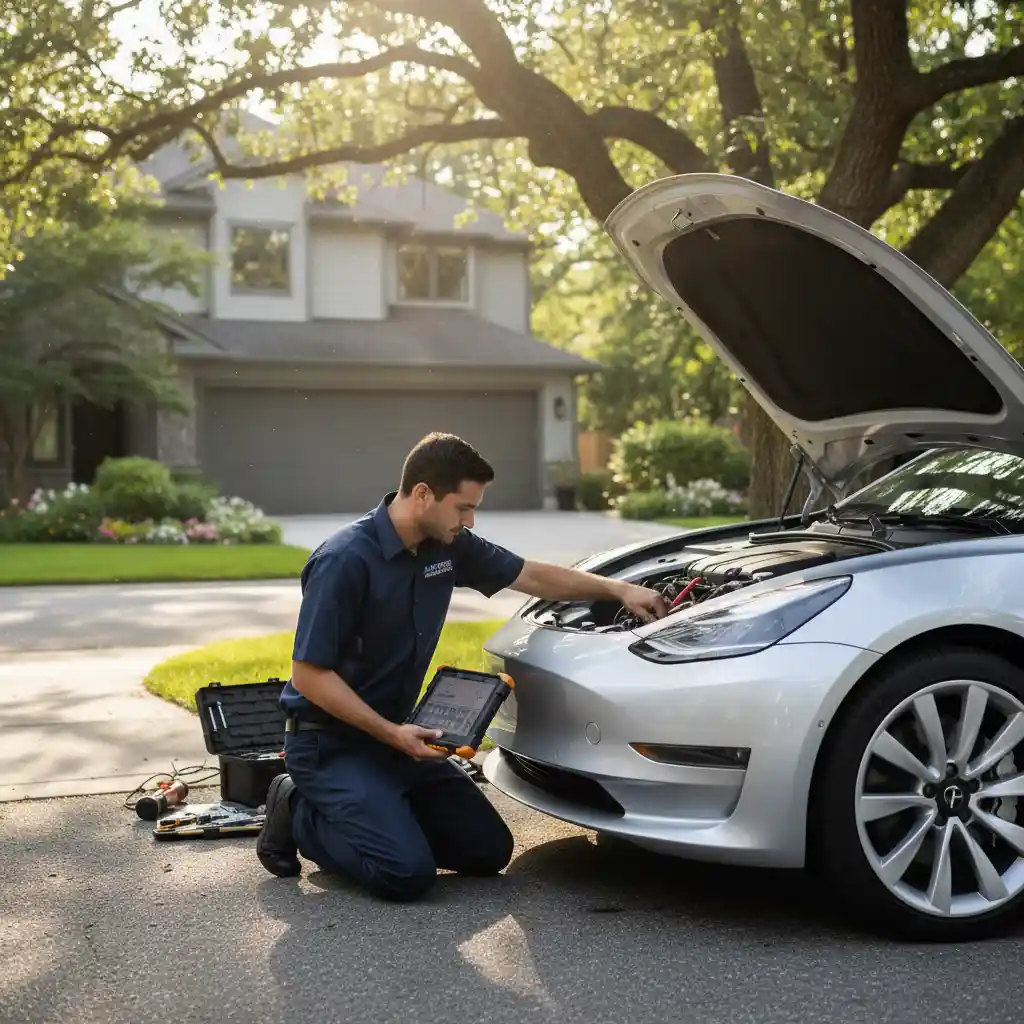 Mobile mechanic performing warranty-safe diagnostics in a driveway
