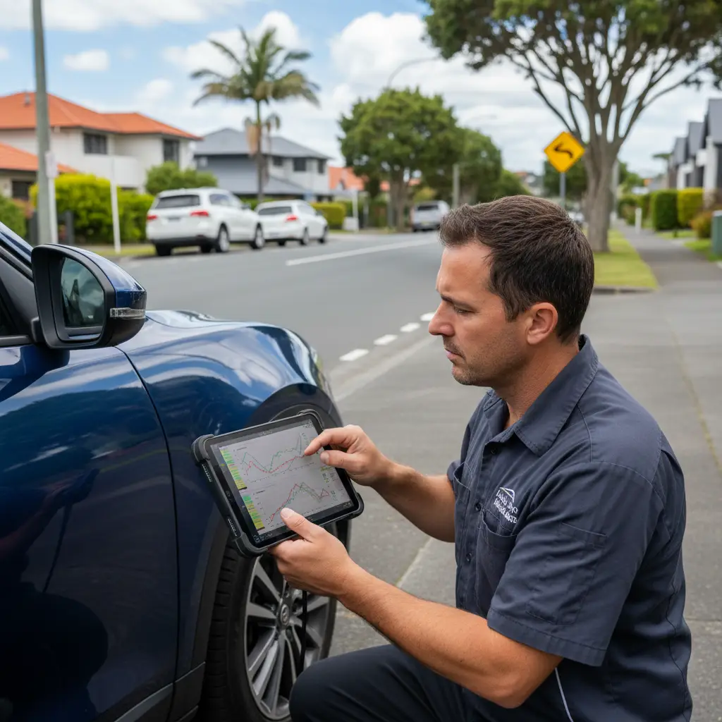 Mobile mechanic performing engine diagnostics in Auckland