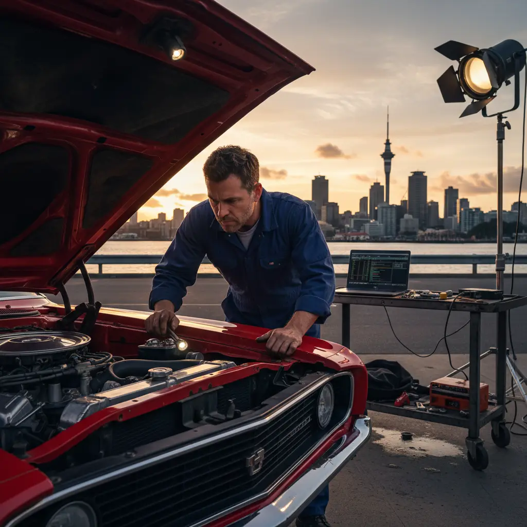 Mechanic inspecting a vehicle engine with the Auckland skyline in the background